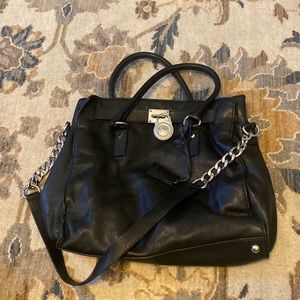Michael Kors Large Black Leather Hamilton Shoulder Tote Purse Bag